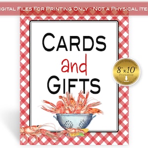 Könnte beinhalten: Druckbarer 20,3 x 25,4 cm Schild mit rotem und weißem Gingham-Hintergrund. Das Schild sagt "CARDS and GIFTS" in schwarzer Schrift mit dem Wort "and" in rot. Es gibt eine Aquarell-Illustration einer Schüssel mit Garnelen.