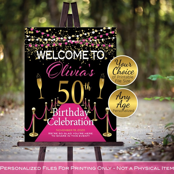 Pink Carpet Birthday Welcome Sign Printables | Hollywood | Hot Pink Gold Black | 40th 50th 60th | Personalized | DIGITAL PRINTABLE FILES