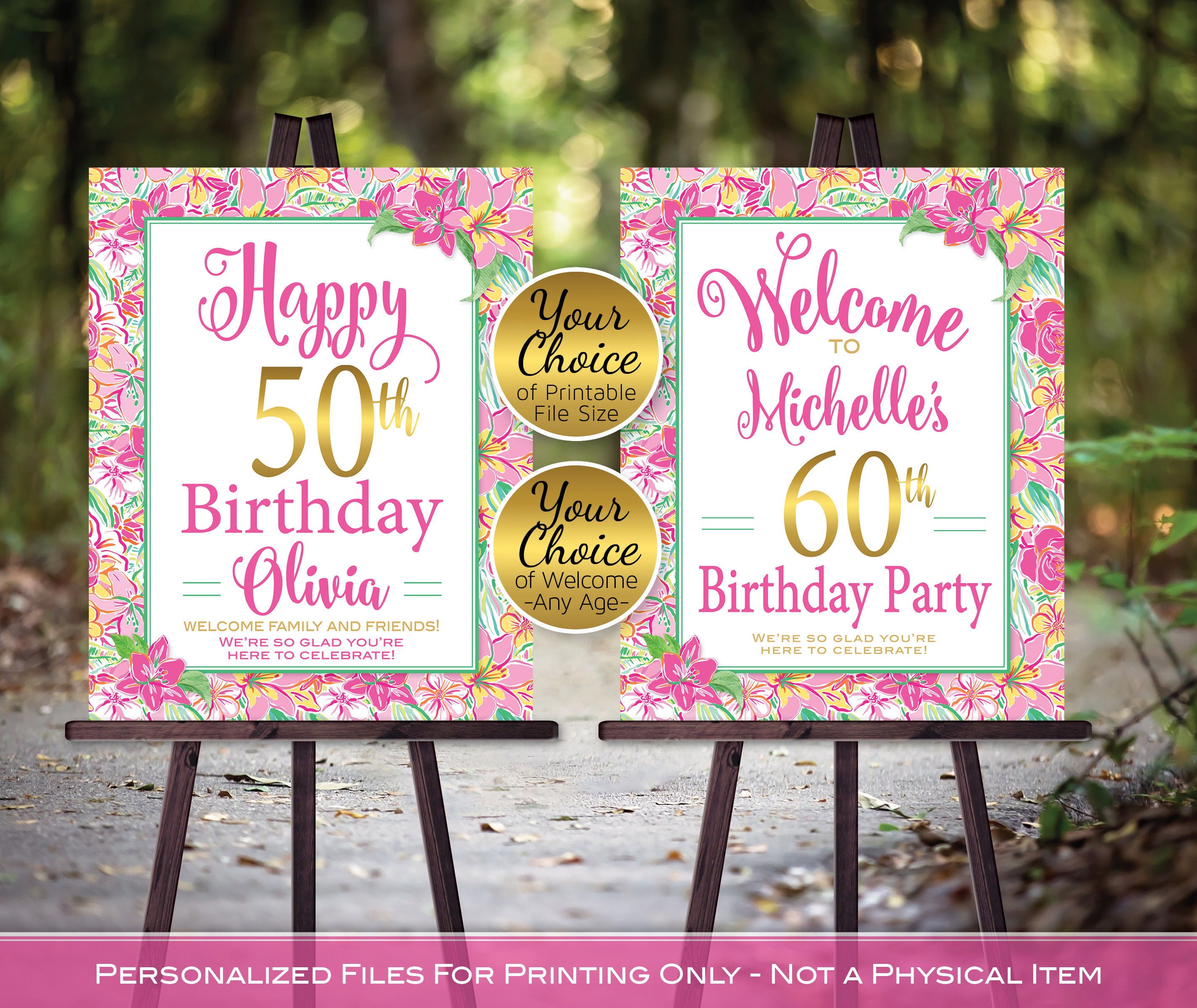 Printable Welcome Sign 18th 21st 30th 40th 50th White Purple Pink Floral Party 