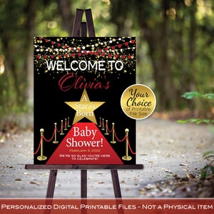 Red Carpet Baby Shower Welcome Sign Printables | Hollywood Event | Red Gold Black | Personalized | DIGITAL PRINTABLE FILES