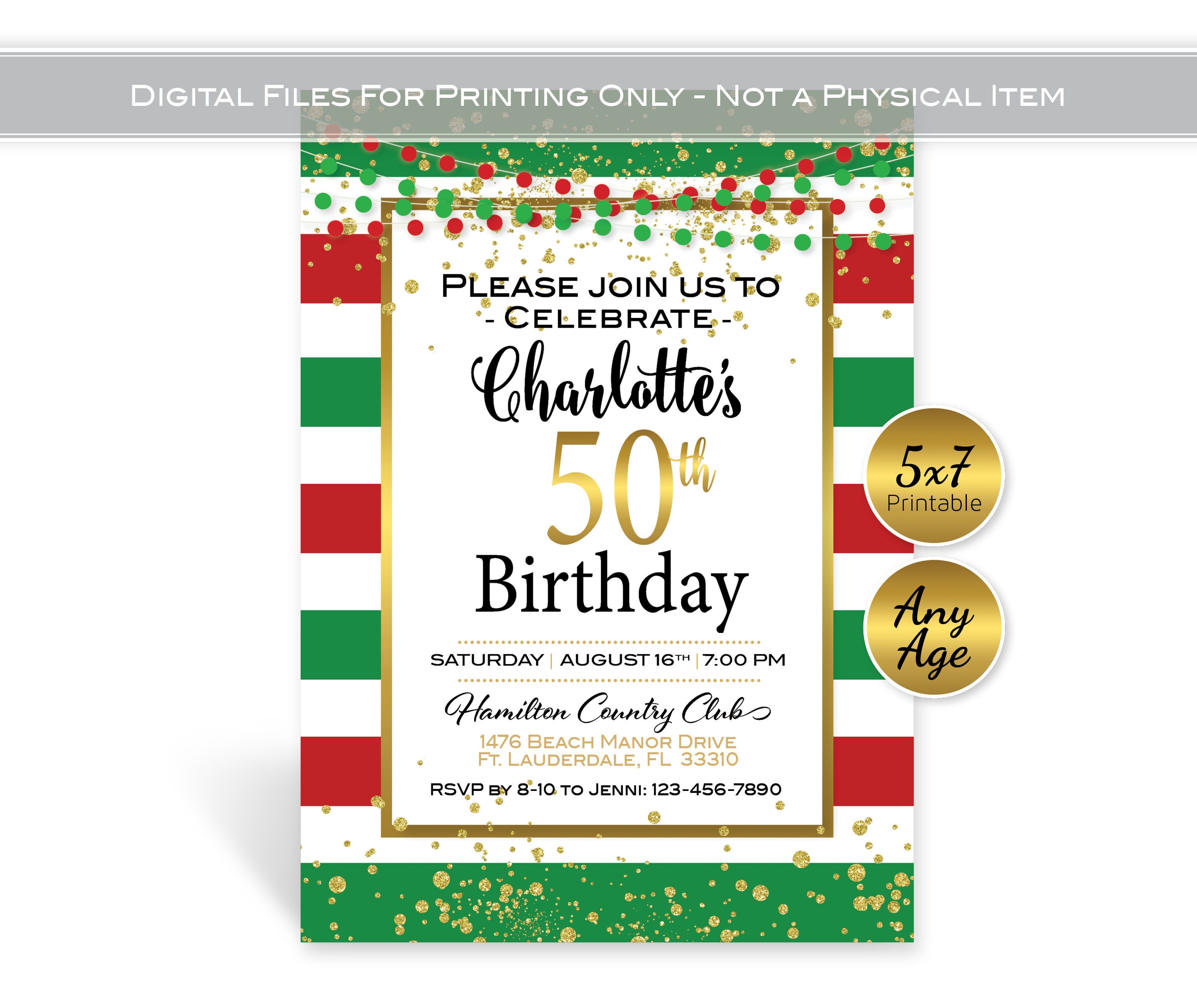 Birthday Invitation Printable | 5x7 | Italian | Green White Red Striped Gold Confetti | Any Age | Personalized | DIGITAL PRINTABLE Files