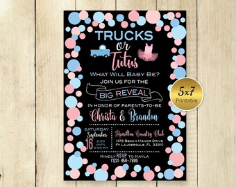 Gender Reveal Shower Event Invitation | Trucks or Tutus | Pink Blue Dots on Black | Personalized | PRINTABLE DIGITAL File