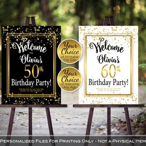 Birthday Welcome Sign Printable | Gold Confetti on Black or White | 40th 50th 60th | Any Age | Personalized | DIGITAL PRINTABLE FILES