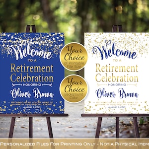 Retirement Celebration Party Welcome Sign Printable | Royal Blue | Garland Lights | Gold Confetti | Personalized | DIGITAL PRINTABLE FILES