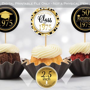 Round Cupcake Toppers | 50th Reunion Class of 1975 | 2.5 inches | Black Gold | Faux Gold Glitter | Digital INSTANT DOWNLOAD