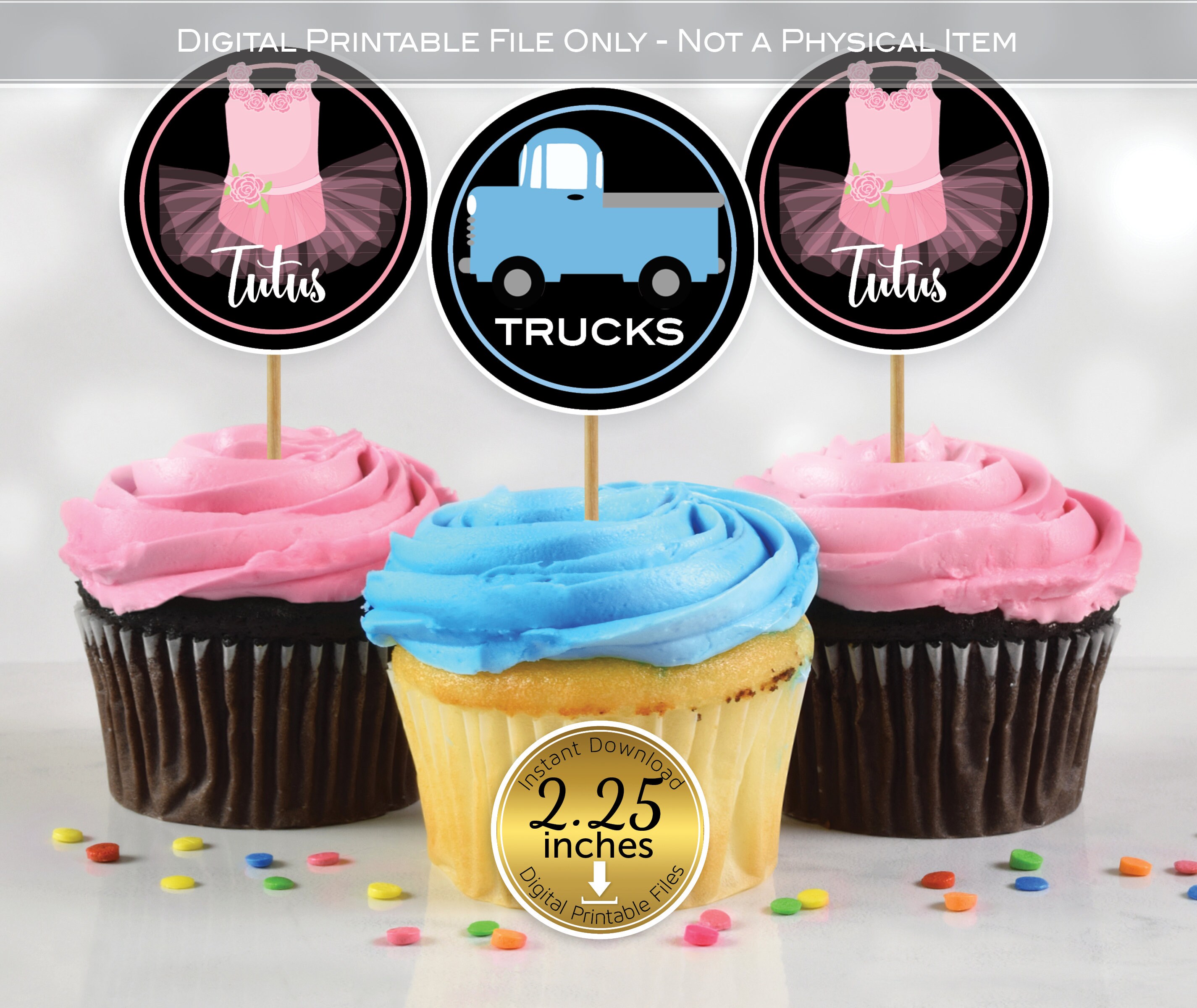 Gender Reveal Cupcake Toppers | Trucks or Tutus | 2.25 Inches | Pink Blue on Black | Boy or Girl | Digital Printable INSTANT DOWNLOAD