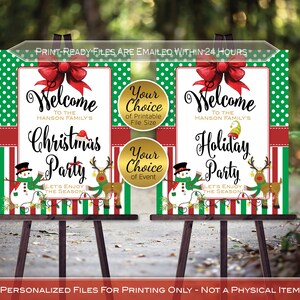 Christmas Party or Holiday Party Welcome Poster Printable | Red Bow | Red and Green Stripes | Dots | Snowman | Reindeer | DIGITAL PRINTABLE