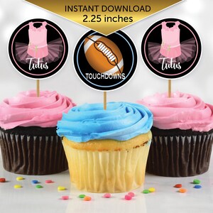 Touchdowns or Tutus Gender Reveal Cupcake Toppers 2.25 Inches Round | Pink Blue on Black | Boy or Girl | Digital Printable INSTANT DOWNLOAD