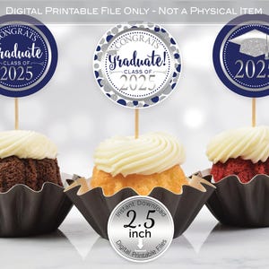 Round Cupcake Toppers | 2025 Graduation | 2.5 inches | Navy Blue | Faux Silver Glitter | Congrats Graduate | Digital INSTANT DOWNLOAD