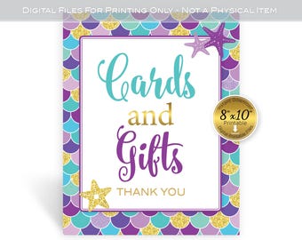 Mermaid Cards and Gifts Sign: Purple, Teal, Gold (Digital Printable)