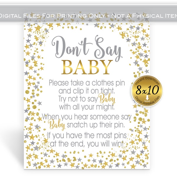 Don't Say Baby Clothes Pin Game for Baby Shower or Sprinkle | 8x10 | Twinkle Silver Gold Star Confetti | Printable INSTANT DOWNLOAD