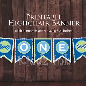 Bow Tie &quot;ONE&quot; Birthday Banner for Highchair | 1st Birthday Party | Smash Cake Decor | Baby Blue Navy Green | DIGITAL DOWNLOAD for Printing