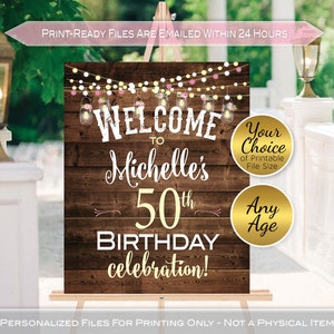 Birthday Welcome for Her on Rustic Faux Wood | Garland Lights Lanterns | Pink Flowers | Any Age | Personalized | DIGITAL PRINTABLE FILES