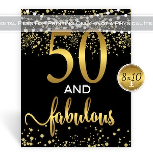 FIfty and Fabulous 50th Birthday 8x10 Table Sign | 50th Birthday Decor | Faux Gold Confetti | Garland on Black | PRINTABLE INSTANT DOWNLOAD