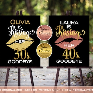 Kissing 20s, 30s 40s 50s 60s or Any Age Goodbye | Gold or Rose Gold Kissing Lips | Woman&#39;s Birthday | Personalized | DIGITAL PRINTABLE FILES