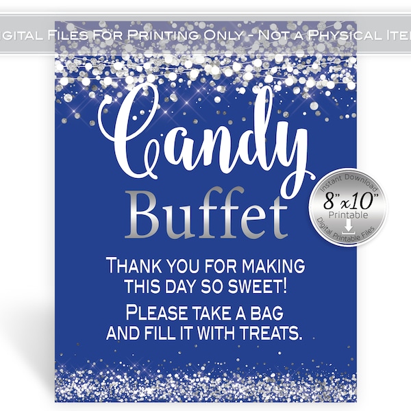 Candy Buffet Sign | 8x10 | Royal Blue | Silver Confetti | Garland Lights | Birthday | Anniversary | Wedding | Digital INSTANT DOWNLOAD