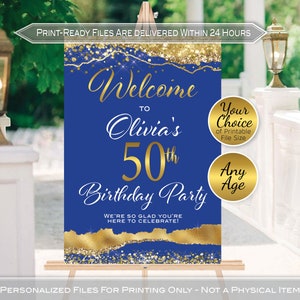 Birthday Welcome Sign Printables | Royal and Gold Agate | Gold Confetti | 40th 50th 60th Any Age | Personalized | DIGITAL PRINTABLE FILES