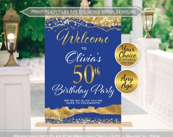 Birthday Welcome Sign Printables | Royal and Gold Agate | Gold Confetti | 40th 50th 60th Any Age | Personalized | DIGITAL PRINTABLE FILES