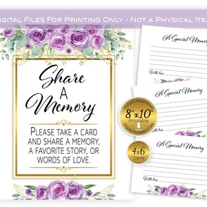 Share a Memory Table Sign 8x10 | 4x6 Cards | Lavender Purple Floral | Gold | Birthday | Anniversary | Retirement | Digital INSTANT DOWNLOAD