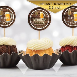 Bubbles and Brews Before the I Dos Round Cupcake Toppers | Digital Printable | 2.5 x 2.5 inches | Faux Wood | Digital INSTANT DOWNLOAD