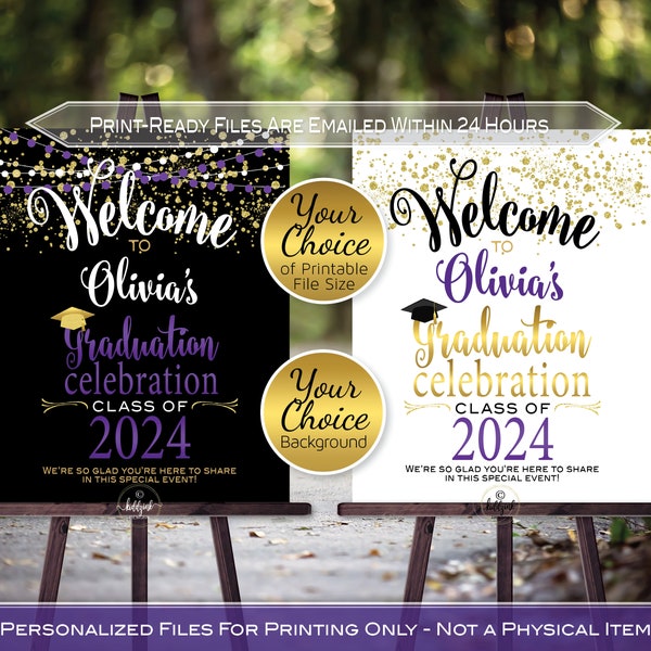 Graduation Celebration Party Personalized Welcome Sign Printable | Purple Black | Gold Confetti | Class of 2024 | DIGITAL PRINTABLE FILES