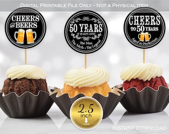 Cheers and Beers to 50 Years Vintage Cupcake Toppers for Man's 50th Birthday | 2.5-inch | Digital Printable | Digital INSTANT DOWNLOAD