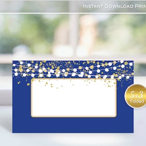Menu Card Printable  | 3x5 Tent-Folding | Royal Blue and Gold | Birthday | Wedding | Garland Gold Confetti | INSTANT Digital DOWNLOAD