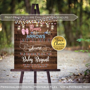 Bows or Arrows Gender Reveal Welcome Sign Printable | Garland Lights Lanterns | Faux Wood | Pink Blue | Personalized DIGITAL PRINTABLE Files