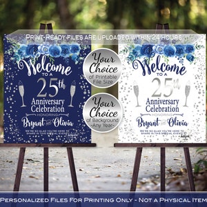 Anniversary Welcome Sign Printable | Navy Blue Flowers Silver Confetti | Any Anniversary | Personalized | DIGITAL PRINTABLE FILES