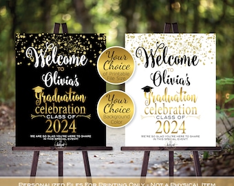 Graduation Celebration Party Personalized Welcome Sign Printable | Gold Confetti on White or Black | Class of 2024 | DIGITAL PRINTABLE FILES