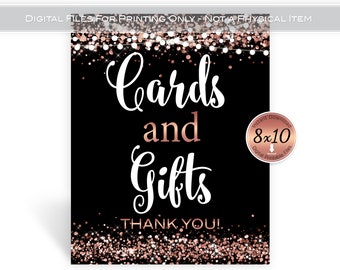 May include: Printable 8x10 inch sign with black background and rose gold glitter. The sign says "Cards and Gifts Thank You!"