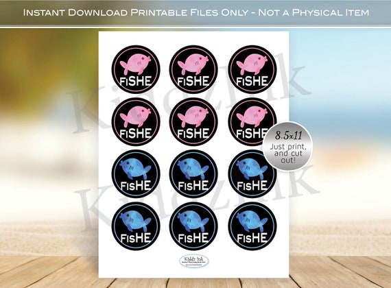 Fish She or Fish He Gender Reveal Cupcake Toppers 2.25 Inches Round | Pink  and Blue Fish | He or She | Digital Printable INSTANT DOWNLOAD