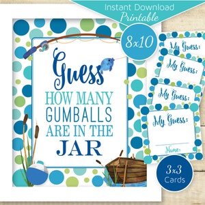 Gumball Guessing Game Fishing Theme Baby Shower 8x10 Table Sign | 3x3 Cards | Aqua Navy Green | Birthday Game | DIGITAL INSTANT DOWNLOAD