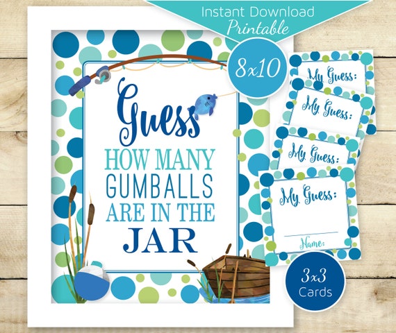 Gumball Guessing Game Fishing Theme Baby Shower 8x10 Table Sign | 3x3 Cards  | Aqua Navy Green | Birthday Game | DIGITAL INSTANT DOWNLOAD