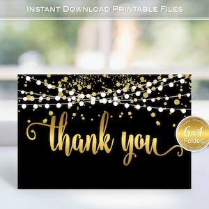 Thank You Note Cards | Printable | Folding 4x6 | Black and Gold | Garland Lights | Faux Gold Confetti | INSTANT DOWNLOAD