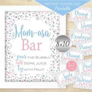 Momosa Bar 8x10 Sign and Juice Flavor Tags | Mimosa Bar | Gender Reveal | Birthday | Pink Blue Silver Daylight Stars | DIGITAL DOWNLOAD