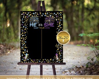 Fireworks Cast Your Vote Gender Reveal Printable | Twinkle Stars | He or She | Purple Blue Gold on Black | DIGITAL INSTANT DOWNLOAD
