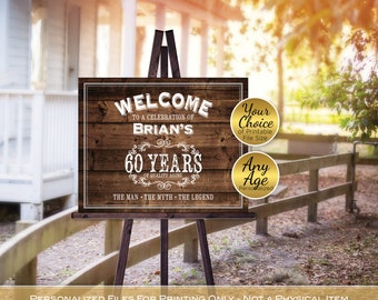 Man's Vintage Birthday Sign Printable  | Faux Wood | Whiskey | 40th 50th 60th 70th 80th or Any Age | Personalized | DIGITAL PRINTABLE FILES