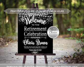 Op de afbeelding: Een zwart-witte printbare poster met zilveren glitteraccenten die "Welkom bij de pensionering viering ter ere van Olivia Brown" zegt met de datum 27 februari 2021. De poster staat op een ezel.