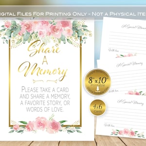 Share a Memory Printable 8x10 Sign and 4x6 Card Set | Blush Pink Flowers | Celebration of Life | Funeral | Birthday | INSTANT DOWNLOAD