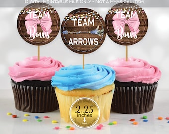 Bows or Arrows Gender Reveal Cupcake Toppers 2.25 Inches Round | Pink Bow | Feathered Arrow | Faux Wood | Digital Printable INSTANT DOWNLOAD