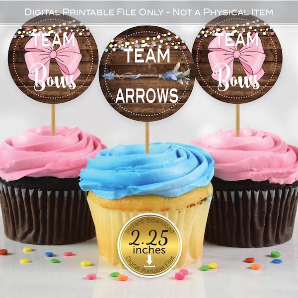 Bows or Arrows Gender Reveal Cupcake Toppers 2.25 Inches Round | Pink Bow | Feathered Arrow | Faux Wood | Digital Printable INSTANT DOWNLOAD