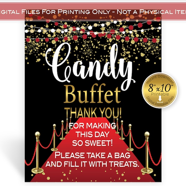 Candy Buffet Sign 8x10 Printable | Red Carpet | Gold Confetti Garland | Birthday | Hollywood Event | Prom | Digital INSTANT DOWNLOAD