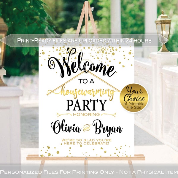 Housewarming Party Welcome Sign Printable | Garland Lights and Faux Gold Confetti on White | Personalized | PRINTABLE FILE