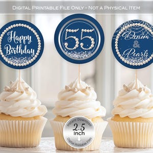 Round Cupcake Toppers | Denim and Pearls | 55th Birthday | 2.5 inches | Silver Confetti | Digital INSTANT DOWNLOAD