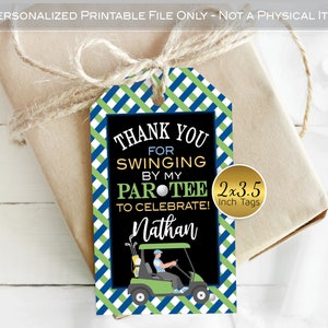 Golf Birthday Favor Tags | Par-tee Thank You Tags | Personalized | 2x3.5 Inches | Golf Theme | Navy Green Yellow | DIGITAL PRINTABLE FILES