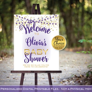 Baby Shower Welcome Sign Printables | Purple Gold White | Garland Lights and Gold Confetti | Personalized | DIGITAL PRINTABLE FILES