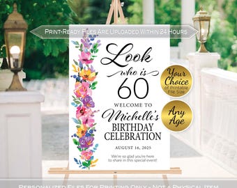 Colorful Floral Birthday Welcome Sign | Purple Pink Blue Yellow Orange Personalized Printable (Digital Files)