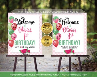 Watermelon Birthday Welcome Sign Printable in Pink Gingham and Green | Any Age | Melon Balloons | Personalized | PRINT-READY DIGITAL Files