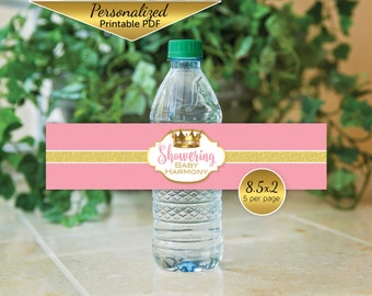 Princess Baby Shower Water Bottle Label Wraps | Personalized | Pink Gold | Faux Glitter Gold | Crown | Printable | DIGITAL PRINTABLE FILES